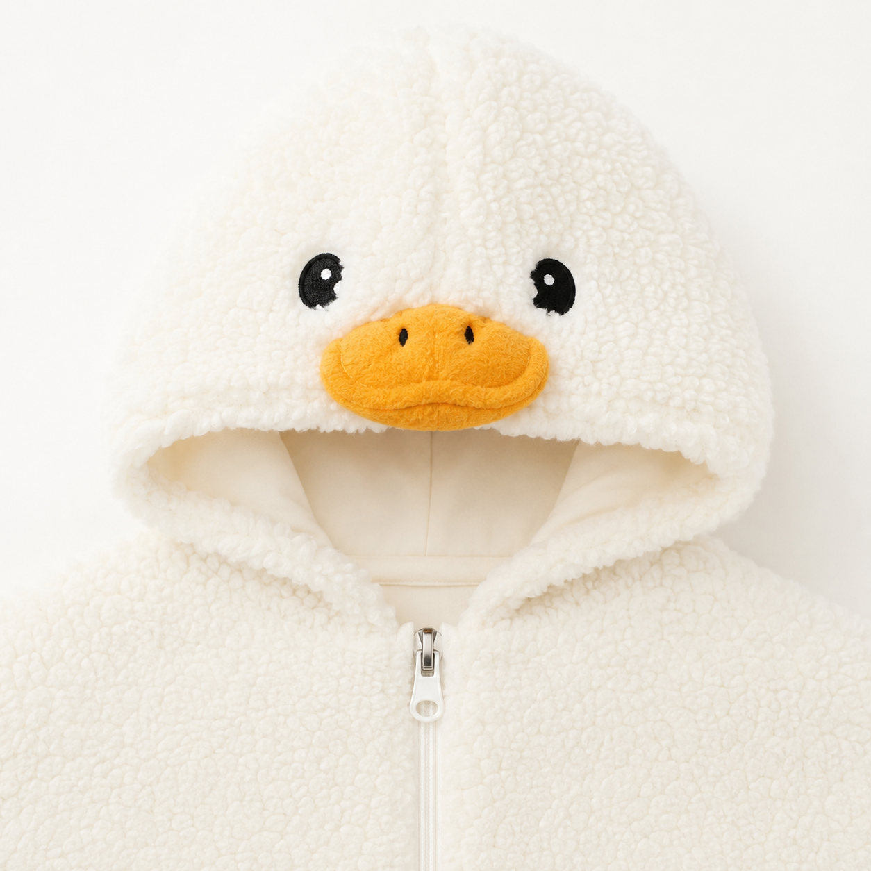 Baby Duck Suit duck hood and zipper detail