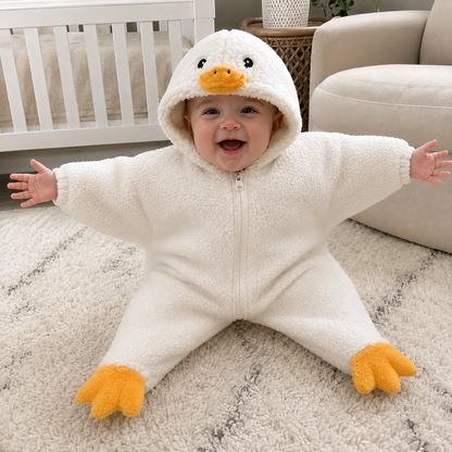 Baby wearing the Baby Duck Suit with hands visible