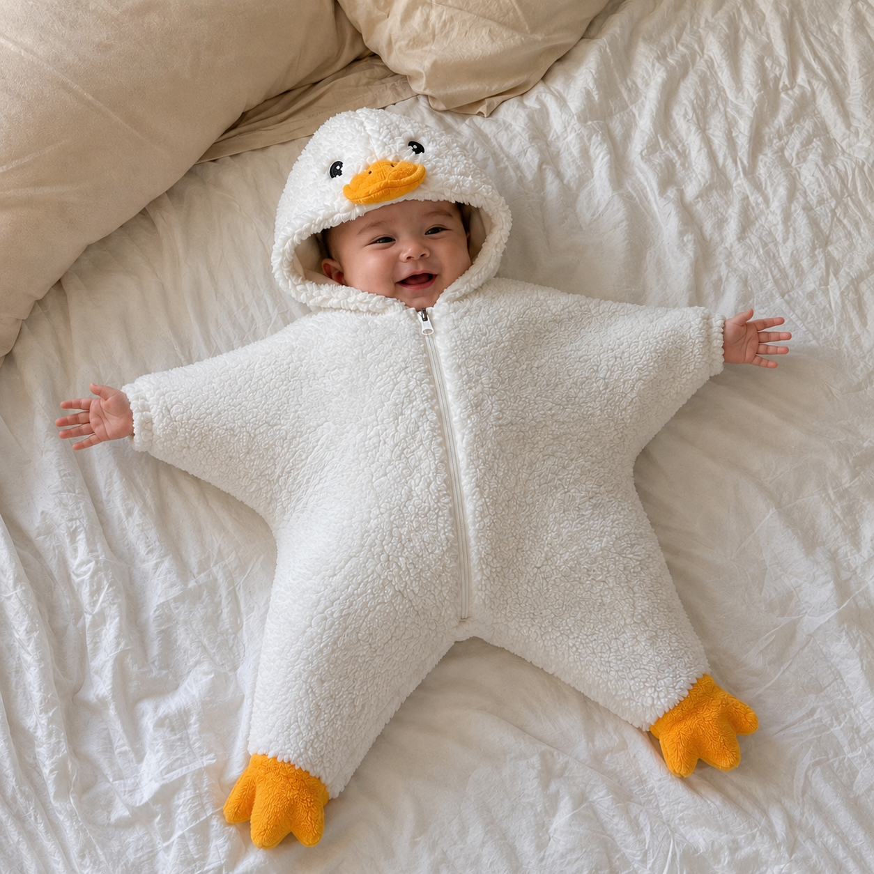 Baby wearing the Baby Duck Suit on a bed