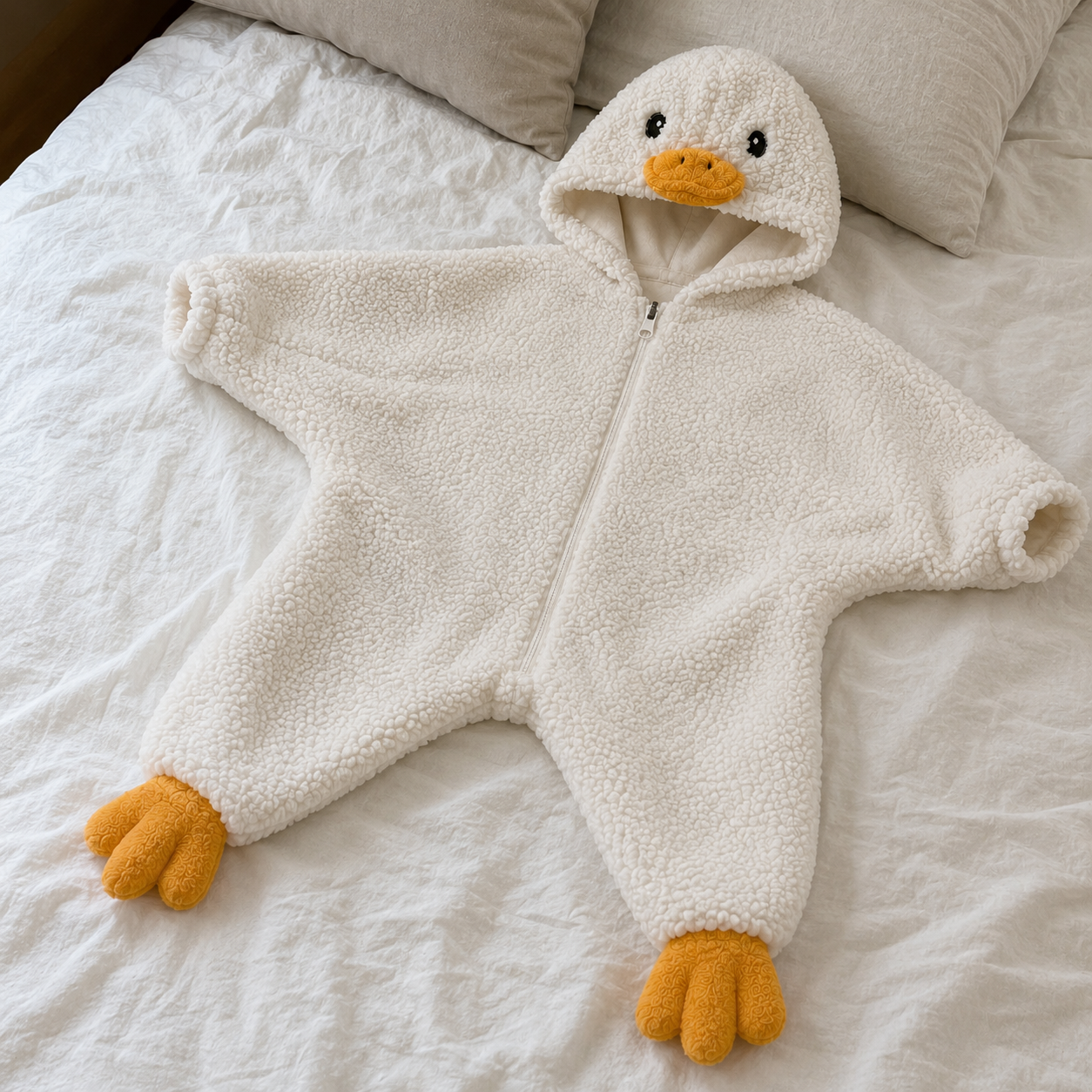 Baby Duck Suit laid on a linen bed