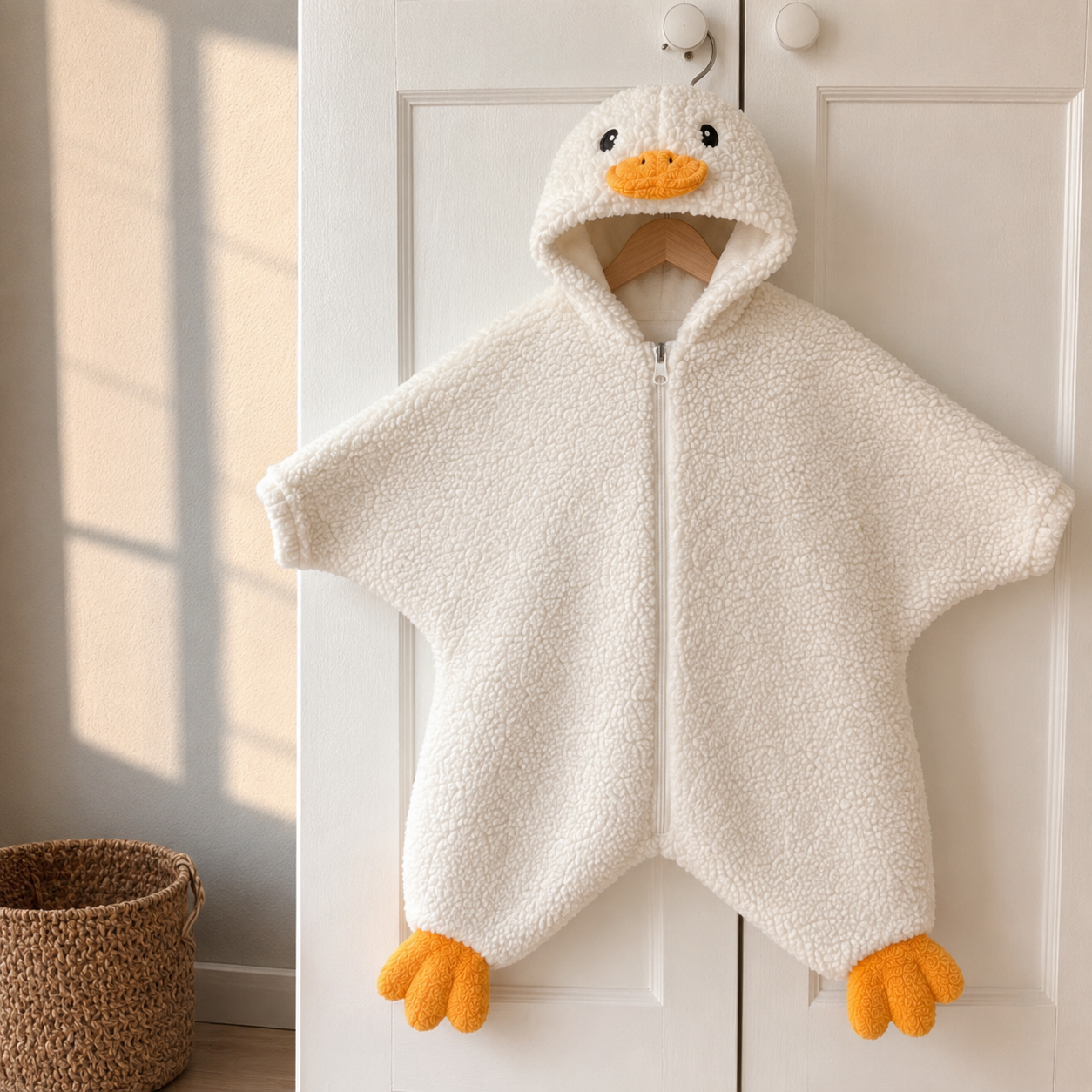 Baby Duck Suit hanging in a nursery