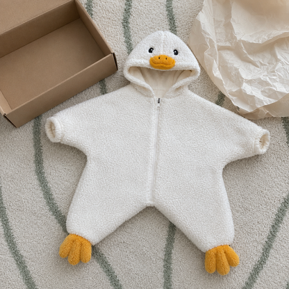 Baby Duck Suit unpacked on a nursery rug