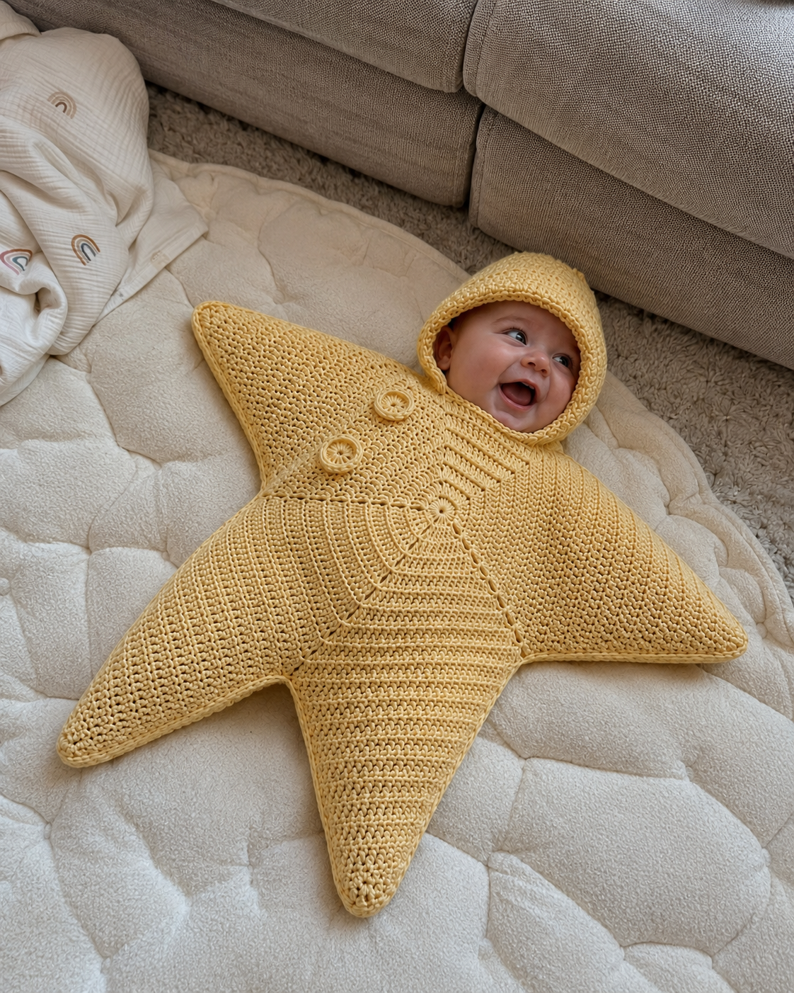 Casual iPhone photo of a baby wearing the yellow Baby Star Suit